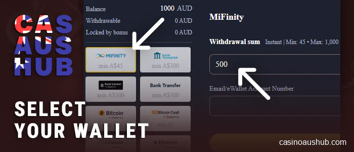 Select a withdrawal method and enter the AUD amount