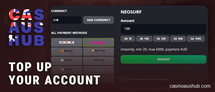 Make a deposit to live casino in AUD currency